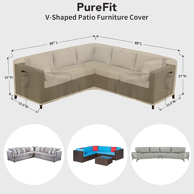 PureFit Outdoor Sectional Sofa Cover Waterproof V Shaped Patio Furniture Covers for Deck, Lawn and Backyard, 89”x89”, Camel