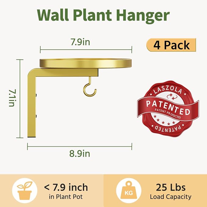 LASZOLA 4Pcs Wall Mount Plant Shelves with Hangers for Indoor Planters, Heavy Duty Metal Window Floating Flower Holders Stand for Kitchen Bathroom, Classic Gold