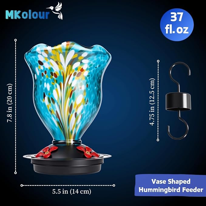 Vase Shaped Hummingbird Feeder for Outdoors, Hand Blown Glass Hummingbird Feeders for Outdoors Hanging with 4 Feeding Ports, Leak-Proof Bird Feeder- Garden Decor Gifts for Women(Blue)