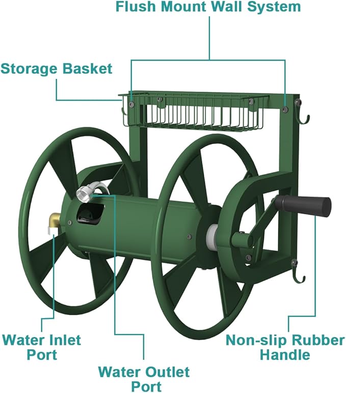 Artigarden Outdoor Wall Mounted Hose Reel with Hook, Garden Heavy-Duty Water Holder Winder with 3.9 ft Leader Hose, Brass Fitting and Storage Basket for Yard, Holds 125 Ft of 5/8-Inch Hoses, Green