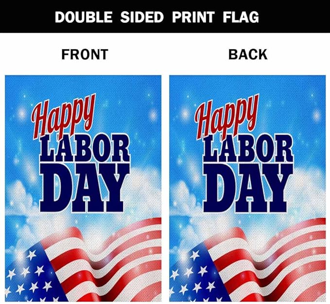 AOYEGO Happy Labor Day House Flags 28 x 40 Double Sided Burlap American Flag and Sky Background Yard Flags Spring Summer Farmhouse Seasonal Outdoor Flag