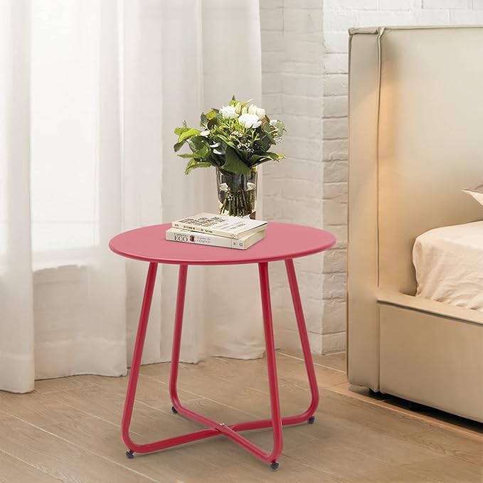 Meluvici Patio Small Side Table Waterproof Round Metal Steel Weather Resistant Portable Outdoor and Indoor End Table for Garden Balcony Yard, Red