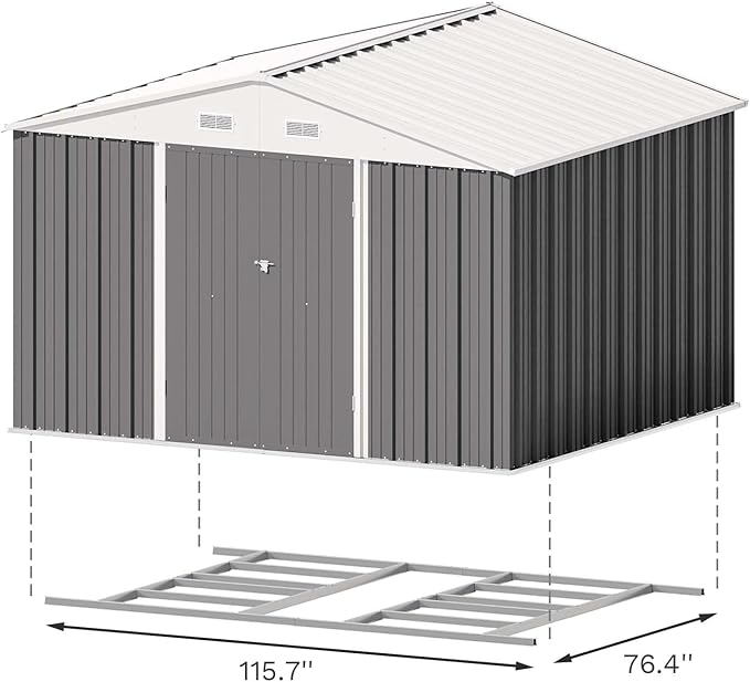 Patiowell 10 x 8 FT Outdoor Storage Shed with Floor Frame, Garden Metal Shed with Sloping Roof and Lockable Door, Large Tool Outside Sheds for Backyard Garden Patio Lawn, Gray