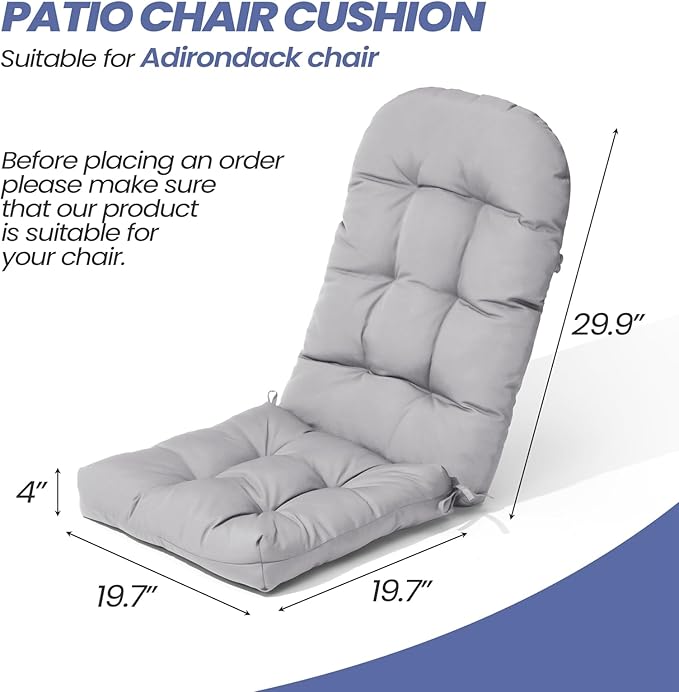Crestlive 50x20x4 Inch Adirondack Chair Cushion, Outdoor Rocking Chair Cushions Water Resistant High Back Patio Chair Cushions Set of 2, Thick Patio Replacement Cushions Light Gray