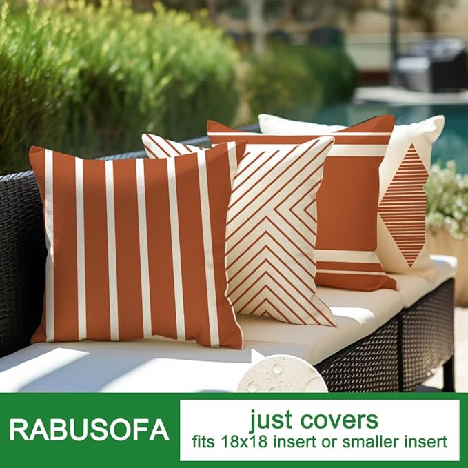 RABUSOFA Outdoor Pillows Covers 18x18 inch Waterproof,Fall Rust and Beige Boho Cushion Cases Set of 4 for Patio Furniture Sunbrella Couch(2R-18) (Rust and Beige, 18" x 18" (Pack of 4))