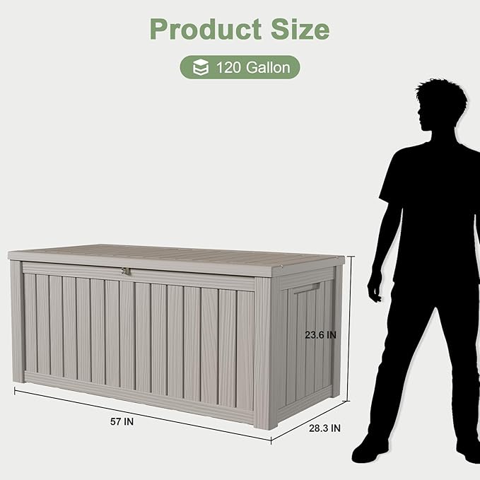 120 Gallon Outdoor Storage Box, Waterproof Resin Deck Box for Indoor & Outdoor Use Lockable Storage Bench with Piston Hinge Storage Bin for Indoor, Garden Tools, Pool Supplies, Patio, Grey