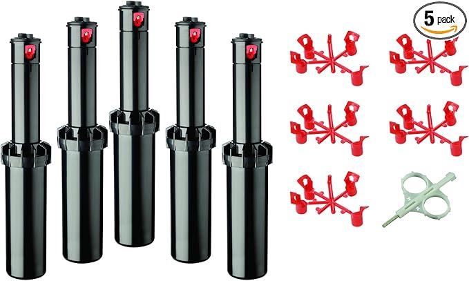 K-Rain RPS50 1/2" Gear Drive Rotor 4" Pop-Up, 18' - 33' Spray Distance, 20-70 PSI, 40 - 360 Arc Spray Pattern, Stainless Steel, Silver, Automatic Lawn Sprinkler Head, Includes Install Kit (5 Pack)