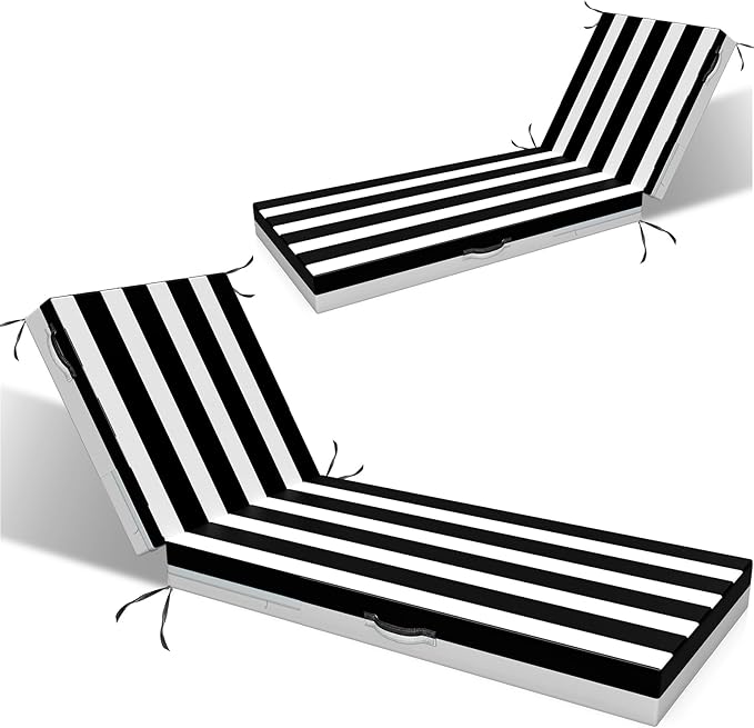 L'AGRATY Outdoor Lounge Chaise Cushion: 72x21x3 Inch Waterproof Lounge Chair Cushion for Outdoor Furniture with Fade Resistant Removable Cover - Patio Cushions for Pool Lawn Deck(Black White 2Pcs)
