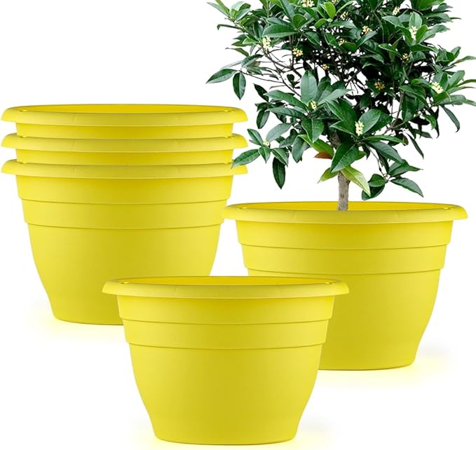 RooTrimmer 10 Inch Plant Pots Set of 5,Lightweight Plastic Planters with Drainage Holes & Plugs,Durable Plant Containers for Indoor Outdoor Houseplants,Flowers,Patio & Garden(Yellow)