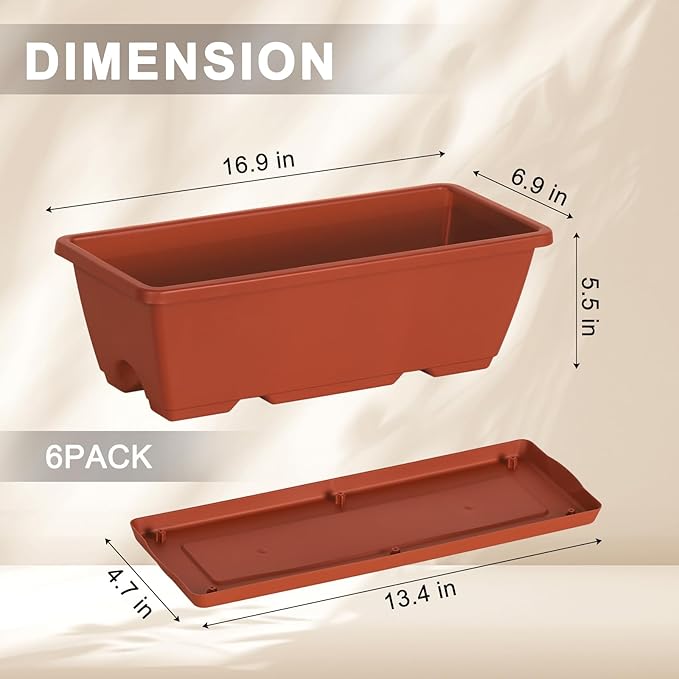 CADUKE 6 PCS Railing Planter Boxes, Planter Boxes with Adjustable Bracket, 17 Inch Deck Rail Planters for Outdoor Plants, Flower Pots for Balcony Garden Decor, Red