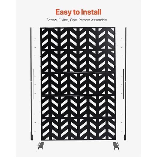 VEVOR Metal Privacy Screen, 47" W x 72" H, Outdoor Privacy Screens 5-Panel, Freestanding Outdoor Divider with Stand, Decorative Garden Steel Privacy Fence for Balcony Patio Indoor Room Black