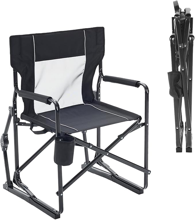Folding Rocking Chair for Adults - Outdoor Camping and Lawn Chair with Breathable Mesh, Detachable Waterproof Armrests and Cup Holder – Portable Travel Seat, Black