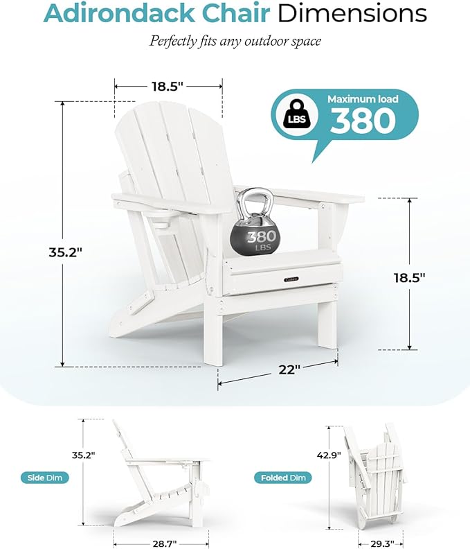 Ciokea Folding Adirondack Chair 4 Pack, Patio Adirondack Chair Weather Resistant, Plastic Fire Pit Chair with Cup Holder, Lawn Chair for Outdoor Porch Garden Backyard Deck (White)