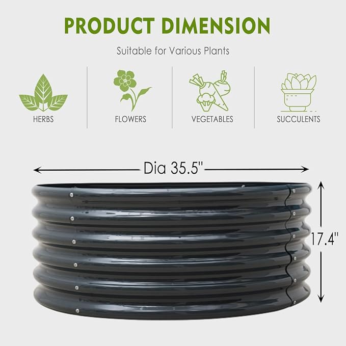 FORTUNO 17" Tall 3 FT Round Galvanized Raised Garden Bed Box Metal Outdoor High Flower Bed Steel Patio Ground Planter for Planting Vegetables and Herb, Dark Grey