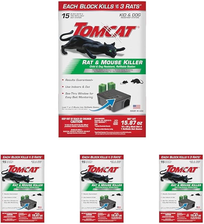 Tomcat Rat & Mouse Killer,Child & Dog Resistant Refillable Station — Tamper-Resistant Indoor/Outdoor Bait Station with Clear Monitoring Window,1-Station and 15 Bait Blocks,(Pack of 4)
