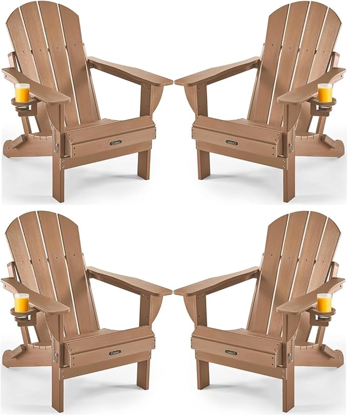 Ciokea Folding Adirondack Chair 4 Pack, Patio Adirondack Chair Weather Resistant, Plastic Fire Pit Chair with Cup Holder, Lawn Chair for Outdoor Porch Garden Backyard Deck (Teak)