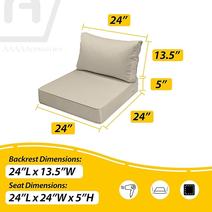 AAAAAcessories Outdoor Seat Cushions for Chairs, Fade-Resistant, Waterproof Patio Furniture Replacement Cushions, 24" x 24" x 5" + 24" x 13.5", Beige