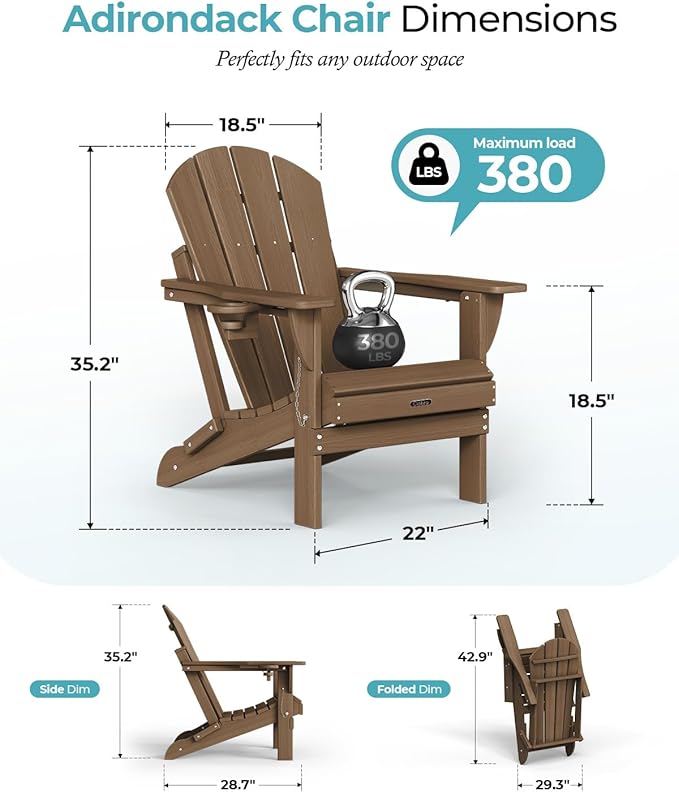 Ciokea Folding Adirondack Chairs Set of 4, Patio Adirondack Chair Weather Resistant, Plastic Fire Pit Chair with Cup Holder, Lawn Chair for Outdoor Porch Garden Backyard Deck, Brown