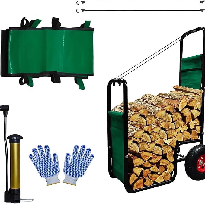 Firewood Cart with Wheels - Heavy Duty Outdoor Log Rack Holder Easy Transport for Fireplace Garden & Garage - Portable Storage Mover 220LB Capacity Waterproof