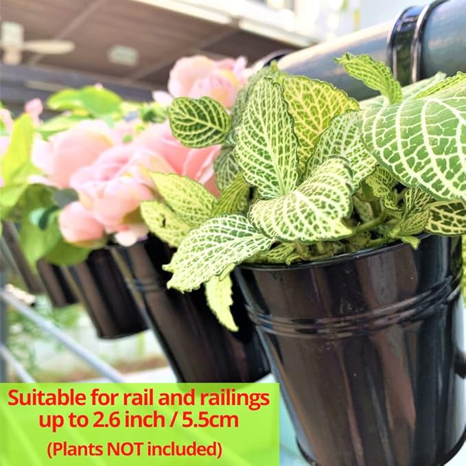 LaLaGreen Bundle- 2 Pack, 10 Inch Hanging Basket with Coco Liner + 10 Pack, 6 Inch Black Metal Pot Outdoor Wall Rail Deck Flower Herb Bucket Patio Porch Balcony Round Planter Farmhouse Style Garden