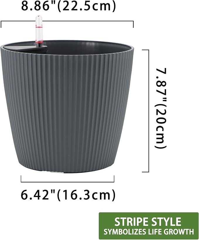 Dexceder 9x8 Self Watering Planters Indoor (2 Pack, Gray) | Inner Mat Design, Table Flower Plant Pot with Water Level Indicator