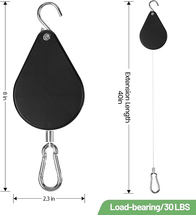Retractable Plant Hanger System - Adjustable Plant Pulleys for Effortless Plant Raising/Lowering, Heavy Duty Indoor/Outdoor Use with Flower Pots, Hanging Baskets & Bird Feeders (Black, 2PCS)