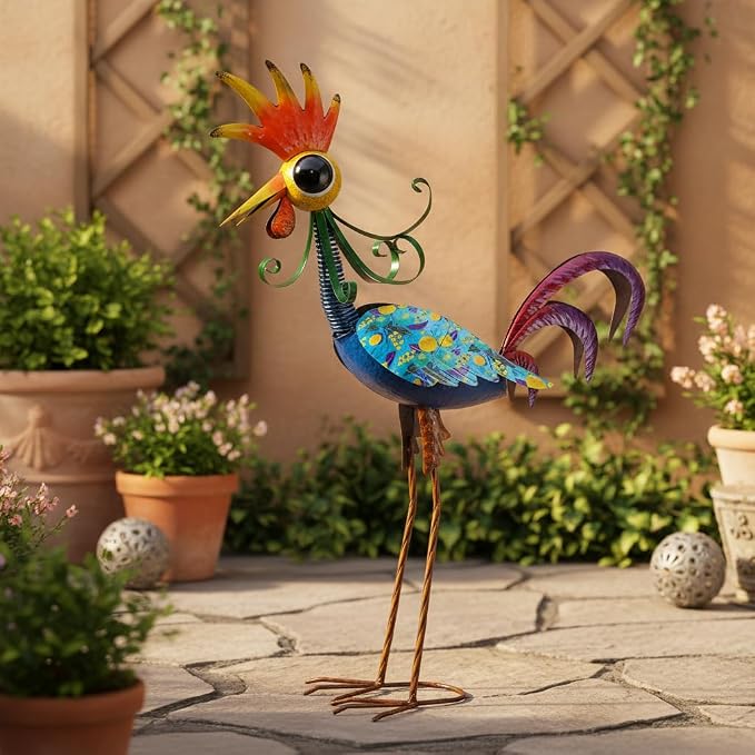 Metal Wacky Rooster Garden Statue, 31.5'' Rooster Decor Yard Statue Decorations Outdoor, Chicken Yard Art for Outside, Patio, Backyard, Lawn(Royal Blue)