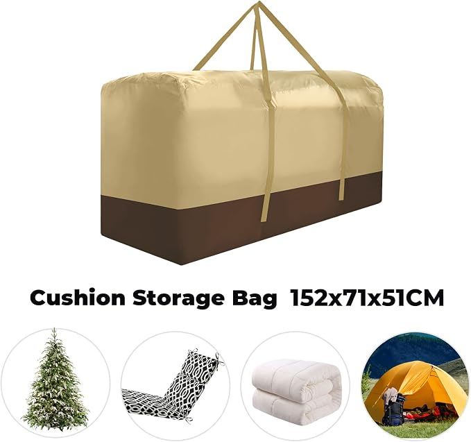 Outdoor Cushion Storage Bag Extra Large 420D Oxford Waterproof Patio Cushion Storage Bags with Zippers and Handles, 60" L x 20" W x 28" H (Beige,2 Pack)