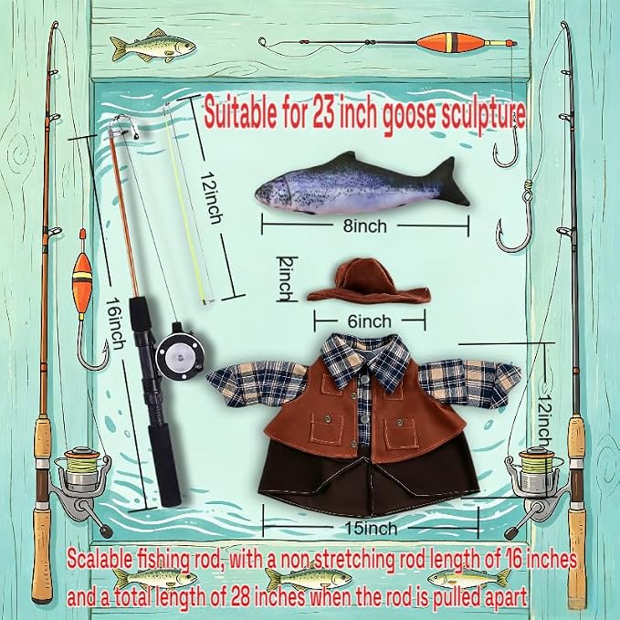 Fishing Porch Goose Outfits, Fisherman Costume for 23 Inch Plastic/Cement Goose, Goose Sculpture Clothes for Summer Yard Patio Party Decoration(Fishing Enthusiast 2)