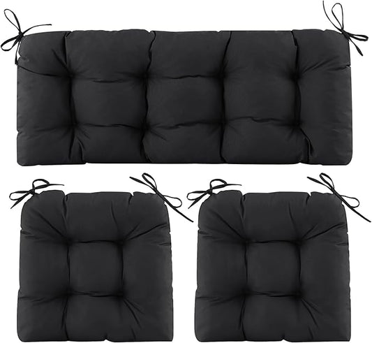 Wicker Chair Cushions of 3 Pieces, Waterproof Cushions for Patio Furniture, Tufted Wicker Outdoor Furniture Cushions, 1 Patio Loveseat Cushion and 2 U-Shaped Cushions, 44"x19"x5", Black