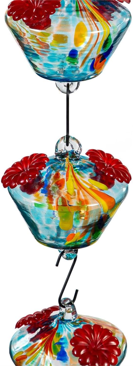 Evergreen Garden Set of 3 Art Glass Hanging Chained Hummingbird Bird Feeder - Fade and Weather Resistant Indoor/Outdoor Decoration for Homes, Yards and Gardens (Blue & Yellow)