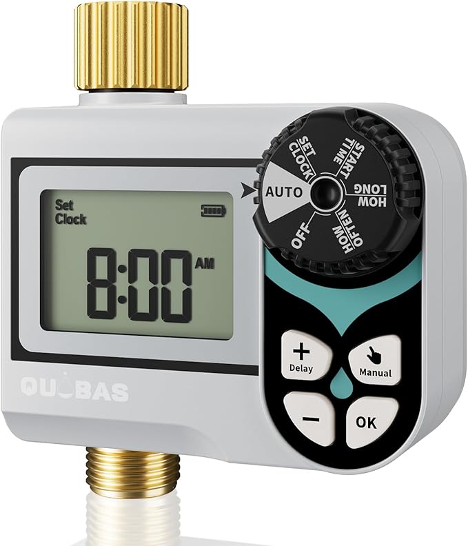QUOBAS Zero Pressure Water Timer, Programmable Sprinkler Timer for Garden Hose Faucet with Brass Ports, Rain Delay/Manual/Automatic Irrigation System, Low Pressure Watering Compatible Rain Barrel