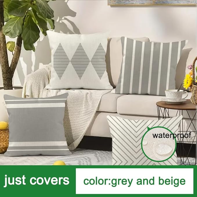 RABUSOFA Outdoor Pillow Covers 20x20 inch Waterproof,Gray and White Boho Set of 4 for Patio Furniture Sunbrella Couch(20" x 20" (Pack of 4))