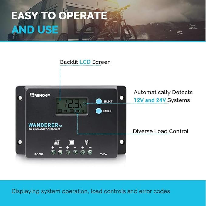 Renogy 10A 12V/24V PWM Postive Ground Solar Charge Controller Regulator Compact Design w/ LCD Display for Deep Cycle Sealed, Gel, and Flooded Battery
