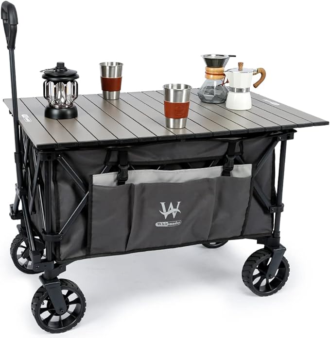 Whitsunday Folding Collapsible Utility Wagon, 400Lbs Heavy Duty Outdoor Park Beach Wagon with Table and Side Pocket for Garden Camping Sports Shopping Grey