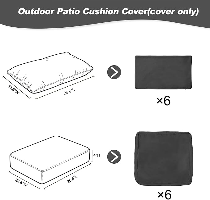 12 Pcs Patio Cushion Covers, Outdoor Rattan Sectional Sofa Cushion Covers, Replacement Washable & Reusable Furniture Protector for Patio Couch (12Pcs-Gray, 25.6 * 25.6 * 4-inch)