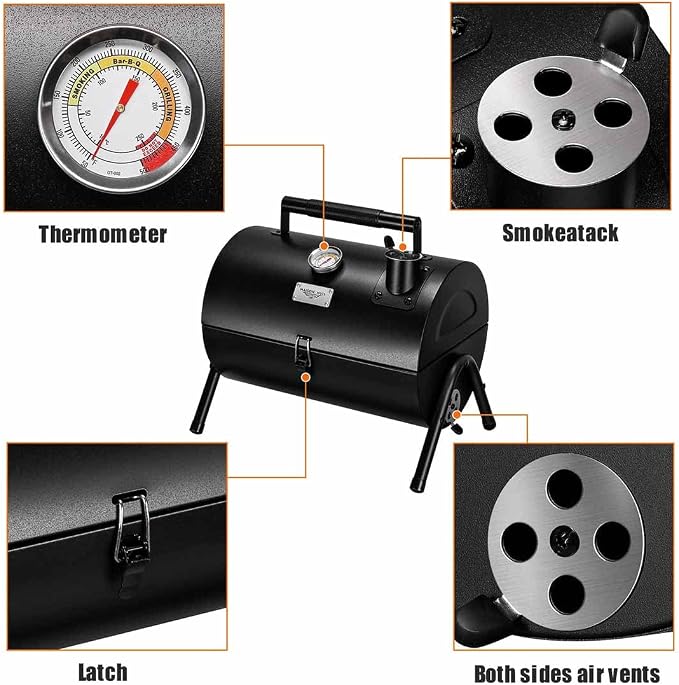 MAISON HUIS Small Charcoal Grill, Portable Tabletop BBQ Smoker for Outdoor Camping,Mini Grill for Tailgating, Hiking & Picnic, (Black)