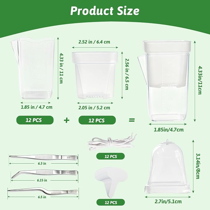 12 Pack 2.5" Self Watering Propagation Pots with Humidity Dome, Clear Plastic Seed Starter Cups, for Seedlings, Cuttings, Succulents, Herbs, Vegetables, 12 Plant Labels Included