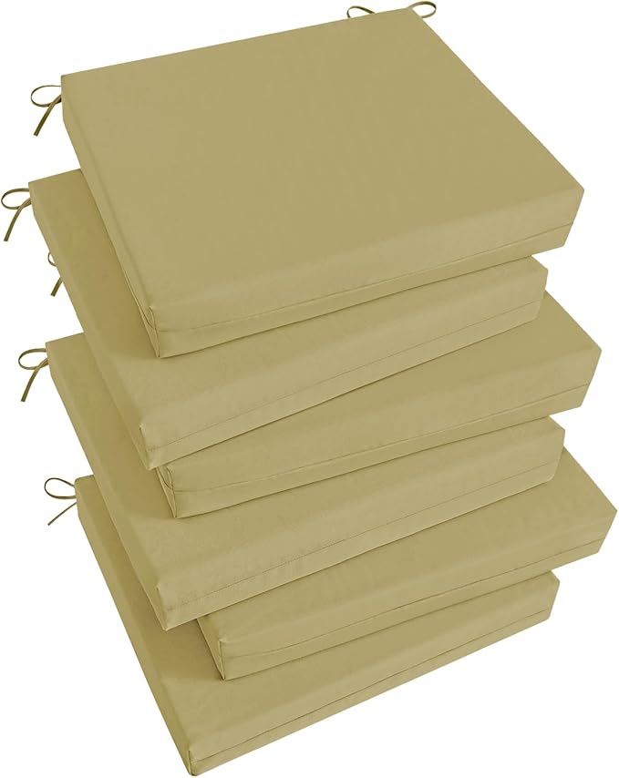 Basic Beyond Outdoor Chair Cushions Set of 6, Square Corner Outdoor Cushions for Patio Furniture, Water Resistant Patio Chair Cushions with 2 Ties, 18.5x16x3, Khaki