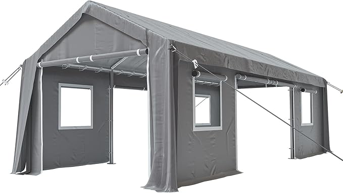 13x20FT Heavy Duty Carport Canopy 4 Roll-Up Doors & 4 Windows Portable Garage All-Season Outdoor Storage Shed for Car Truck Boat Shelter Party Tent, Gray