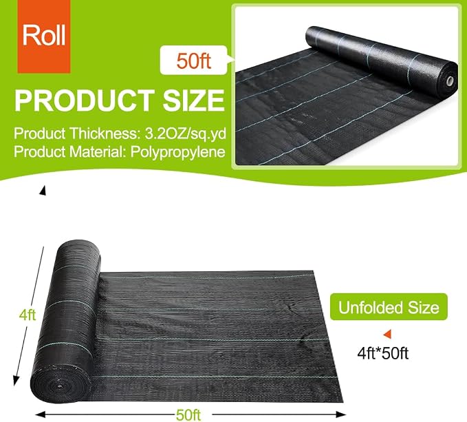 3.2oz Heavy Duty Woven Weed Barrier Landscape Fabric, 4ft x 50ft Black Commercial Grade Geotextile Underlayment for Driveway & Weed Control
