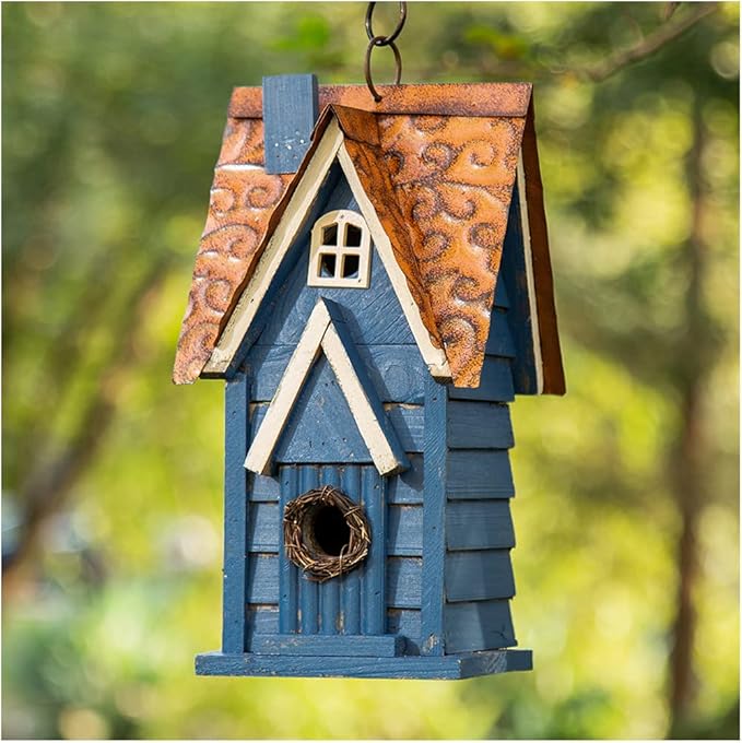 Glitzhome Bird Houses for Outside, 12" H Retro Blue Distressed Solid Wood Cottage Birdhouse Hanging Bird House for Outdoors, Bluebird House for Garden Patio Backyard