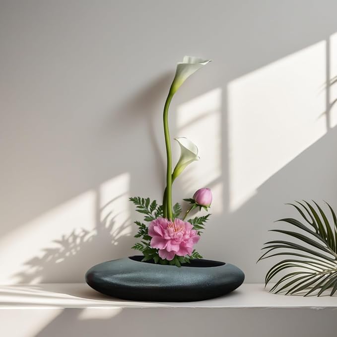 Ikebana Bowl Kit - Ikebana Vase (Japanese Flower Bowl Vase) with 1.8'' Floral Frog, Ikebana Set for Japanese Flower Arrangement (Black, 1.8'' Floral Frog Included)