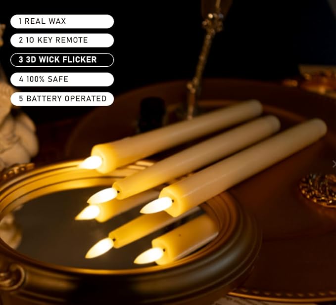 KSWING Upgraded Real Wax LED Flameless Taper Candles with Remote, 6 PCS White Dripping Candlesticks Battery Operated 3D Flickering - 9.6" Long Realistic Fake Candle Sticks for Home/Wedding/Xmas Decor
