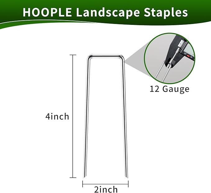 HOOPLE Landscape Staples 200 Pack 4 Inch 12 Gauge Heavy Duty Galvanized Garden Stakes, U-Shaped Landscaping Staples for Securing Weed Barrier Fabric, Ground Cover, Irrigation Tubing, and Fences