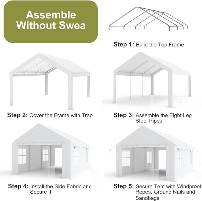 12x20FT Portable Garage, 12'x20' Carport Heavy Duty, Galvanized Frame & 180 g PE Waterproof Canopy, with 4 Doors (Included 2 Side Doors), and 4 Windows, for Pickup Truck, and Boat