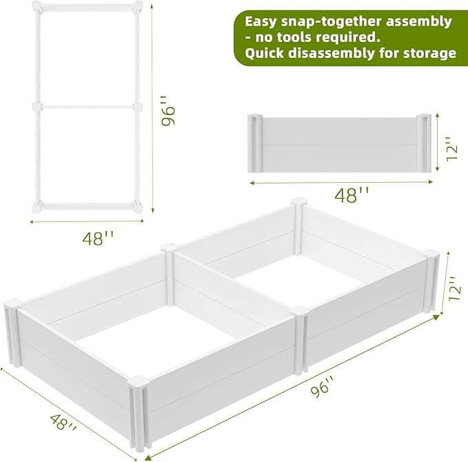 8'x4'x12 Large Vinyl Raised Garden Bed | Screwless Modular Planter Box with Open Bottom | Rust-Proof Outdoor Above Ground Bed for Vegetables, Herbs, Flowers & Whelping Pen