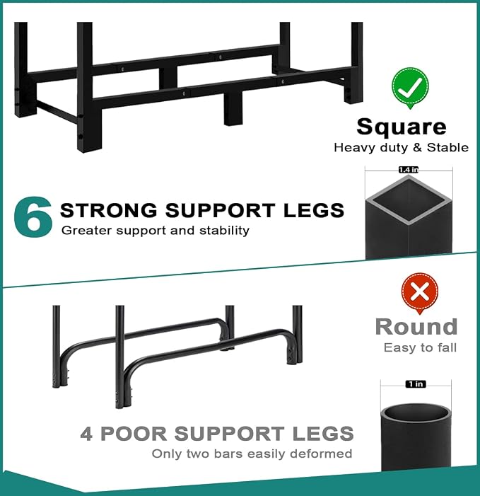 4Ft Firewood Rack Adjustable Fireplace Wood Holder for Outdoor Indoor Storage Log - Heavy Duty Fire Log Lumber Stand Stacker, Black