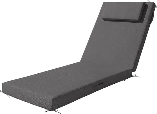 Outdoor Chaise Lounge Cushions, 72x21 Inch Olefin Water & Fade Resistant Pool Lounge Chair Cushions, Patio Sun Lounger Pad with Pillow & Straps for Patio, Pool, Deck, Lawn, Dark Gray