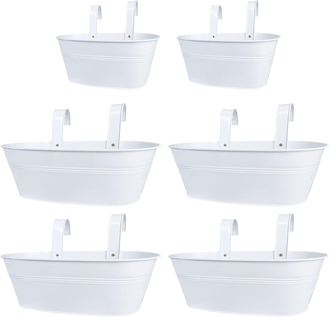 LaLaGreen Bundle- 2 Pack, 9.8 Inch + 4 Pack, 16 Inch White Metal Pot Window Hanging Flower Bucket Railings Fence Outdoor Herb Plant Boxes with Hook Wall Mount Boho Style Garden Porch Patio Deck Decor
